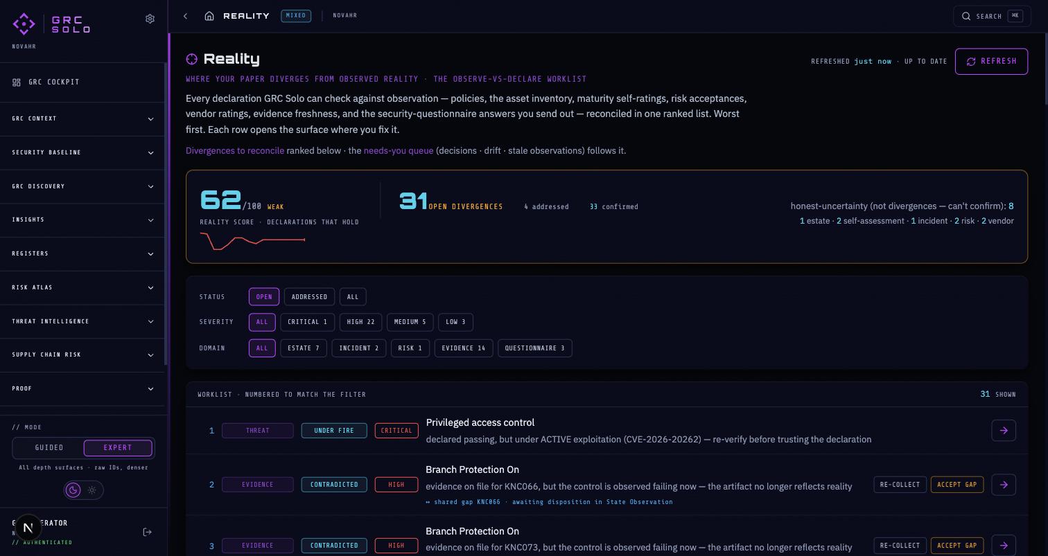 GRC Solo observing reality vs. what you declared — the live worklist
